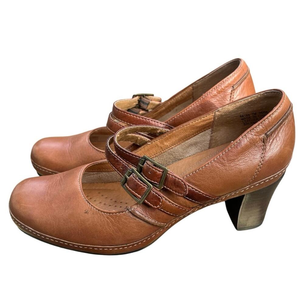 Clarks Artisan Leather Double Strap Buckle Mary Janes Cognac Brown Sz 7 - Picture 5 of 7